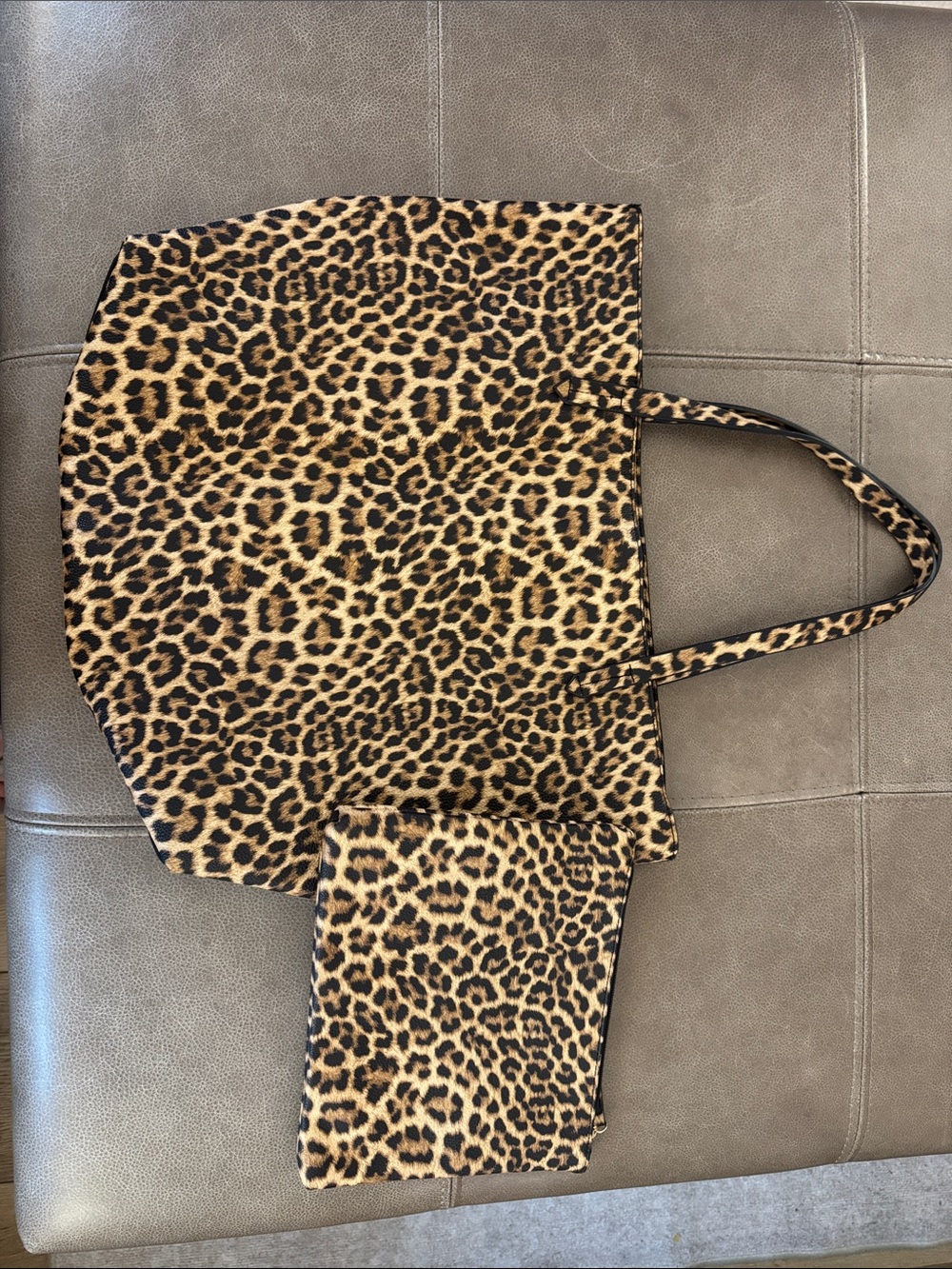 Nordstrom Leopard Print Zip Tote with Cosmetic Pouch - Brown & Black.